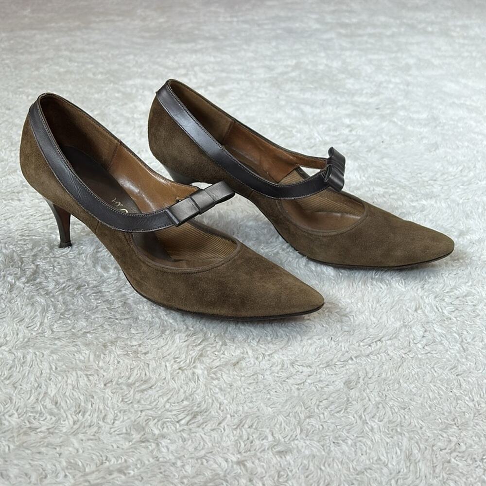 Lifestride‎ brown suede and leather bow pointed toe heels, size 6 AA narrow